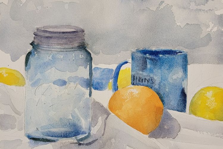watercolor work depicting glassware and citrus