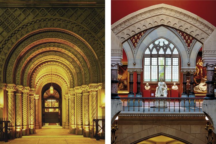 A composite of two color photographs showing aspects of architecture at the Masonic Temple and PAFA. The photo on the left shows the elaborate front entrance of the Masonic Temple, an the photo on the right is an interior of the Historic Landmark Building showing the Washington Foyer. 