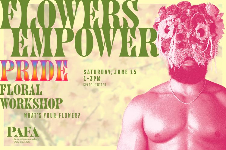 Graphic with title of event in green and rainbow letters featuring a duo-tone (pink & white) photographic portrait of a muscular person wearing a sculptured flower crown made mostly of sunfowers covering most of their face but a showing the mouth and beard. 