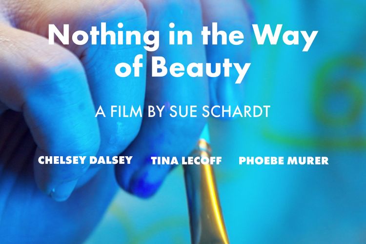 Graphic with movie title, and info set against a closeup image of one hand holding a small paintbrush and a second hand holding a small shallow container. The image is toned with blues and greens. 