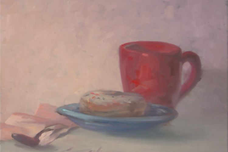 Oil painting of a coffee mug and a pastry