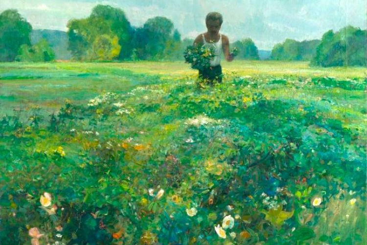 Oil on canvas painting of a person in a green field with blue skies above.