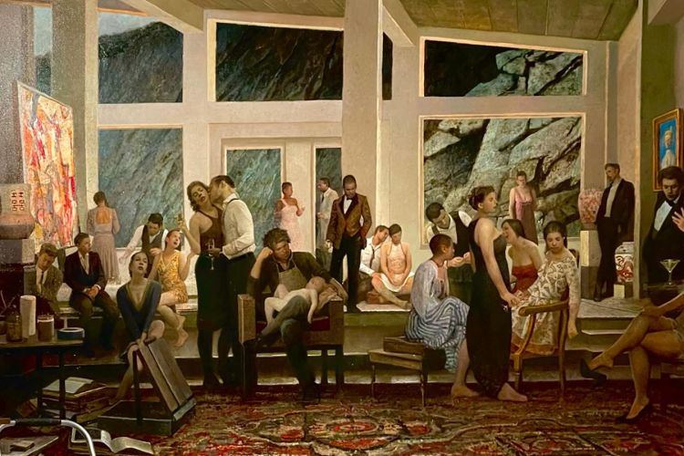 A realistic painting of a crowded, elegant interior with large windows and rocky landscape views, showing people engaged in intimate and social interactions.