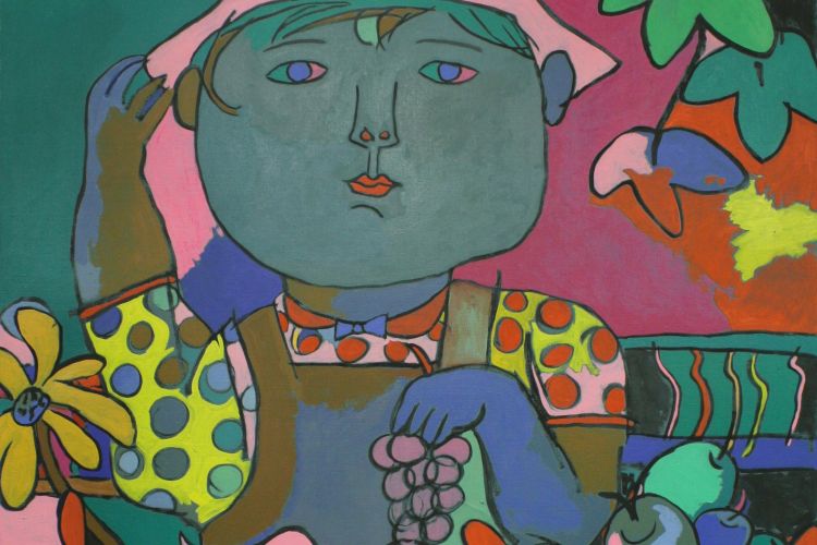 Acrylic on canvas painting in various bright colors depicting a boy holding grapes, a goat, flowers, and the fruit that the boy is weighing.