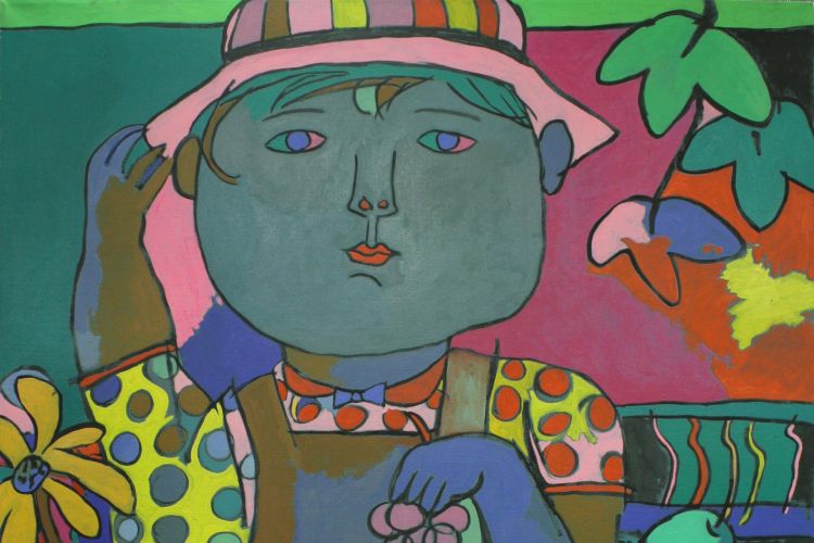 Acrylic on canvas painting in various bright colors depicting a boy holding grapes, a goat, flowers, and the fruit that the boy is weighing.