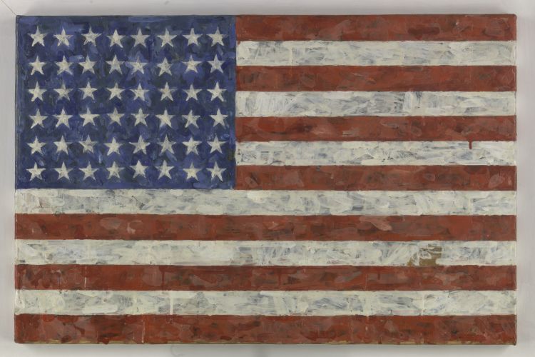 Jasper Johns' "Flag" (1960–66), an encaustic and printed collage on paper laid down on canvas, from the Middleton Family Collection.