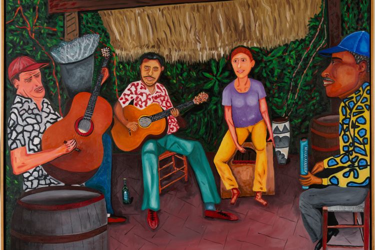 Oil painting titled El Bolero by Rafael Ferrer, created in 1983–84. The canvas measures 60 by 72 inches and features expressive, abstract forms in rich colors. © Rafael Ferrer, courtesy of the artist.