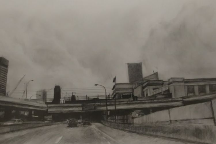A black and white sketch of an urban skyline viewed from a low angle, possibly from an overpass, featuring foreground elements like roofs, utility poles, and wires, multiple buildings in the middle ground (including a prominent square dark building with a crane behind it), all beneath a vast, stormy or heavily clouded sky with swirling cloud formations.
