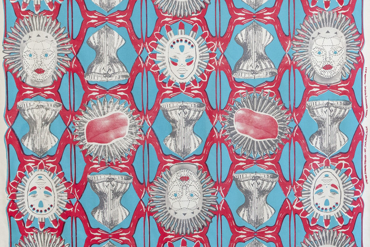 A vibrant repeating textile pattern in red, cyan, and off-white shows interlocking geometric motifs with stylized human faces featuring red lips and spiky halo-like hair, gray corset- or armor-like forms, and circular sunburst shapes with pink, organic-looking centers.