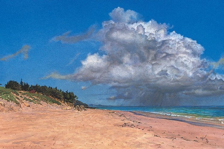 The painting depicts a bright, light-filled seascape with turquoise waters, golden sand dunes, and a large, dramatic cloud formation in a blue sky.