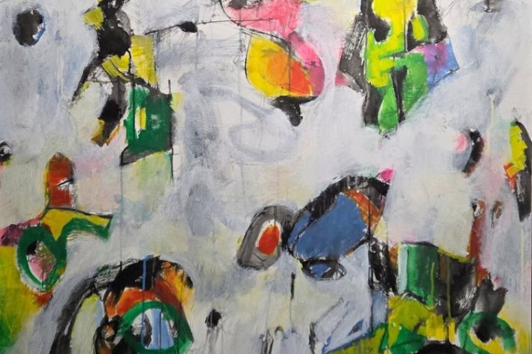 An abstract expressionist painting with bold brushstrokes in yellow, red, green, black, and white.