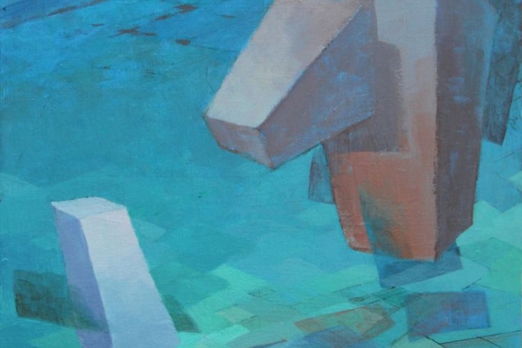 An abstract painting featuring large, geometric, blocky shapes in muted earth tones against a background of varying blue and turquoise hues, with a gridded pattern on the upper surface.