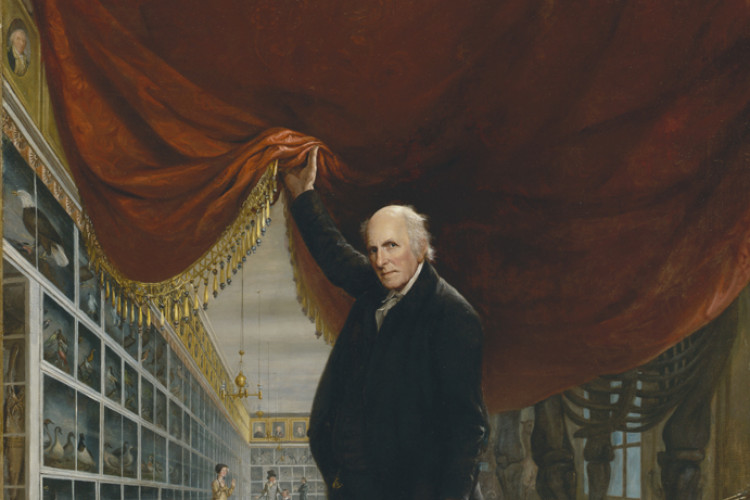 In this 1822 self-portrait titled "The Artist in His Museum," American painter and curator Charles Willson Peale lifts a gold-fringed red curtain to reveal his Philadelphia Museum, showcasing natural history specimens and mastodon fossils.