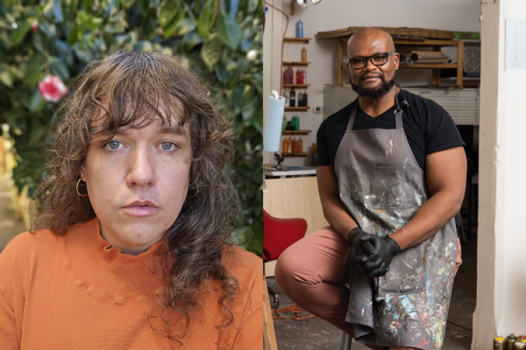A split image shows a close-up of a person with wavy brown hair wearing an orange top on the left, and a man in an apron and glasses sitting in an art studio on the right.