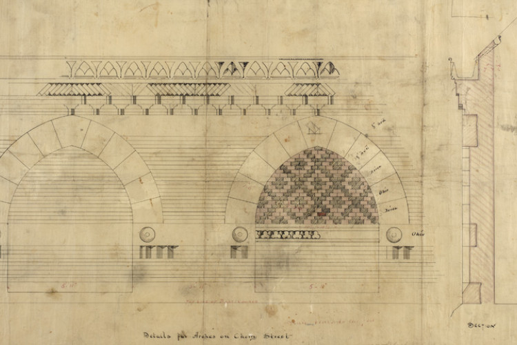 An intricate 19th-century architectural ink drawing on linen depicts the elevation and section details for decorative brick arches on Cherry Street for the Pennsylvania Academy of the Fine Arts.