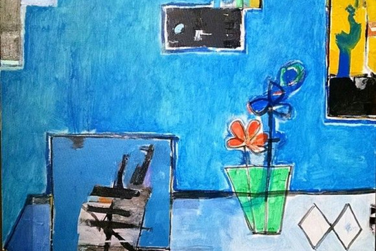 Abstract painting depicting a kitchen island with flowers on it, on a primarily large blue background