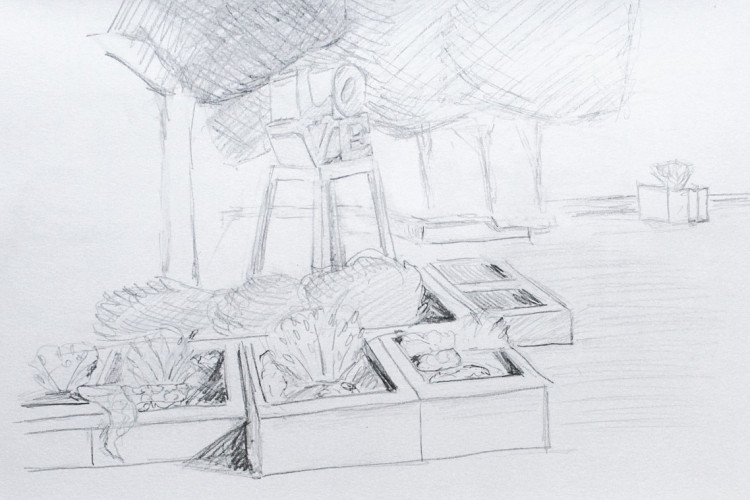 Rough pencil sketch of Love Park 