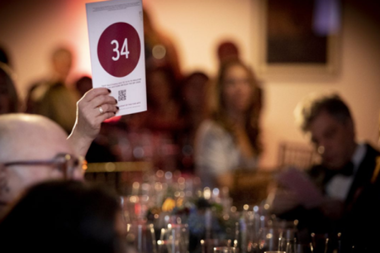 An attendee at a formal event raises a white bidding paddle displaying the number 34 in a burgundy circle.