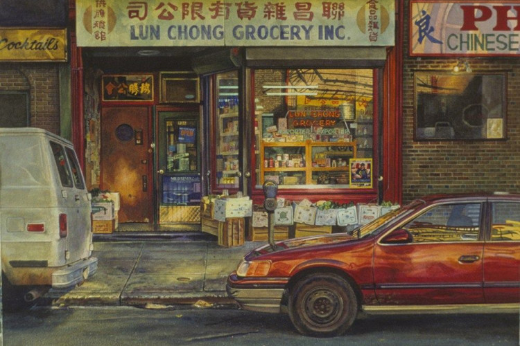 Watercolor depicting the store front of Lun Chong Grocery Inc. with cars parked in front on the street