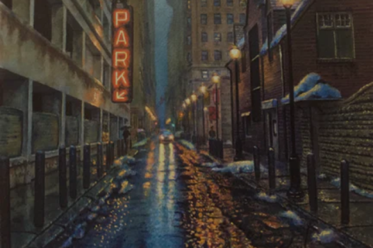 Watercolor depicting a small side street in the late evening with melted snow on the ground