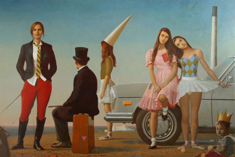 A surreal, realist painting features several figures in eclectic costumes—including a woman in equestrian gear, a man in a top hat, and a ballerina—posed enigmatically around a car on a flat, desolate landscape.