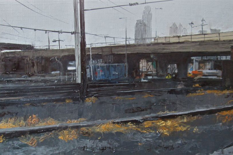 Painting depicting a rainy day by train tracks with a city skyline behind it