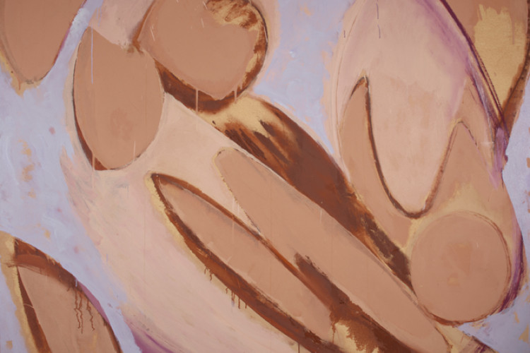 Abstract painting featuring large, overlapping peach and brown shapes on a soft lavender background. The composition is dynamic and flowing.