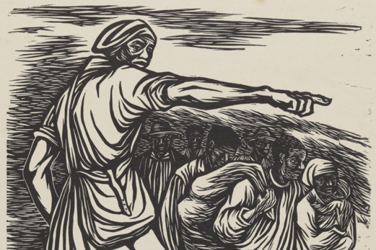 Black and white illustration of a determined woman pointing forward, leading a group of somber people. The dramatic lines convey urgency and resolve.