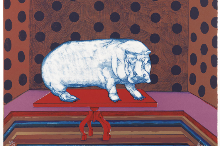 A white hippopotamus stands atop a red table in a room with dark polka-dotted walls and a multi-colored striped floor