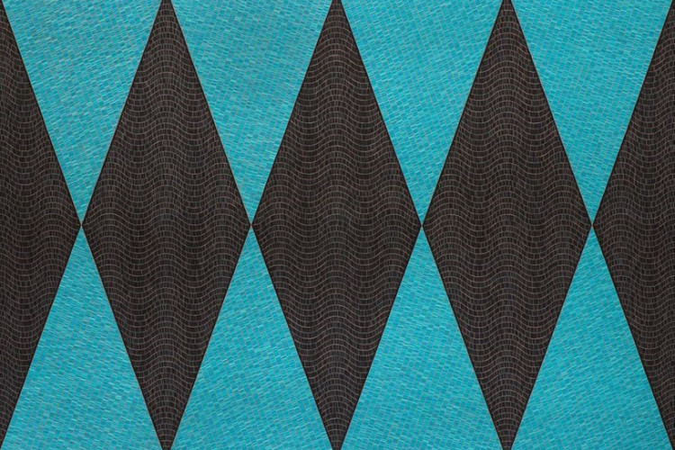A geometric pattern featuring alternating black and turquoise diamond shapes. The design creates a visually striking, symmetrical harlequin effect.