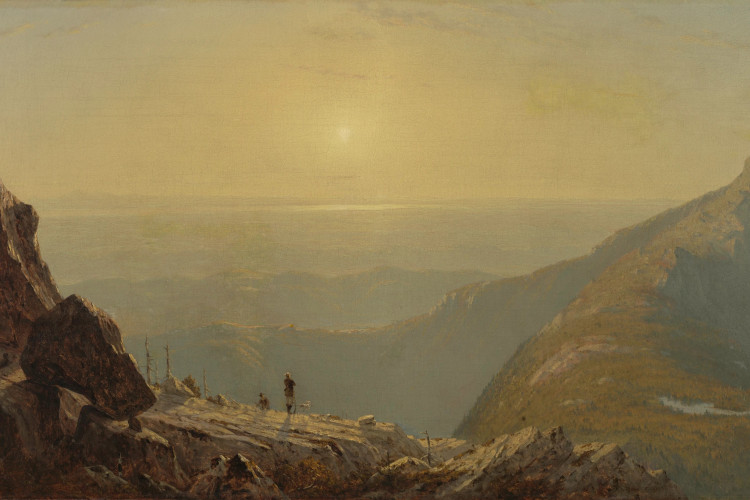 A group of travelers and dogs stand on a rocky mountain ledge, gazing at a vast, softly lit valley below. The scene evokes tranquility and wonder.