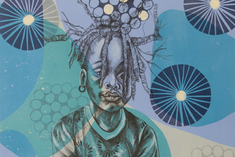 A stylized multimedia artwork depicts a young Black child with intricate locs sitting cross-legged atop a dense network of roots, surrounded by floating circular patterns in shades of blue and teal.