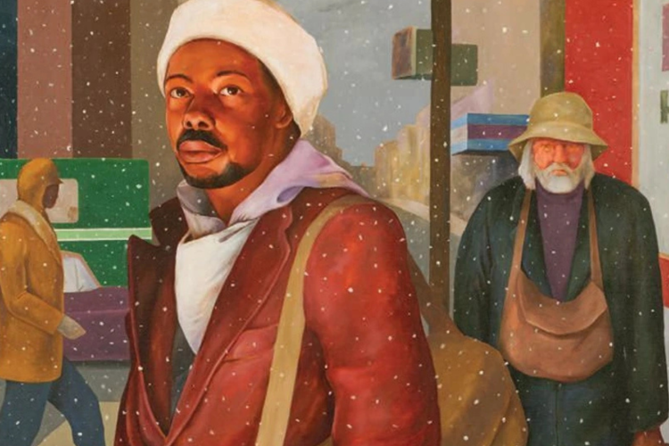 An oil painting depicts diverse street-level figures navigating a bustling, snow-swept city street lined with storefronts and a green vehicle.
