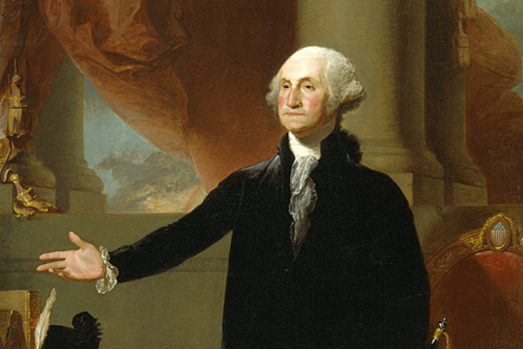 A historical painting of George Washington, highlighting his dignified presence and iconic attire from the Revolutionary era.