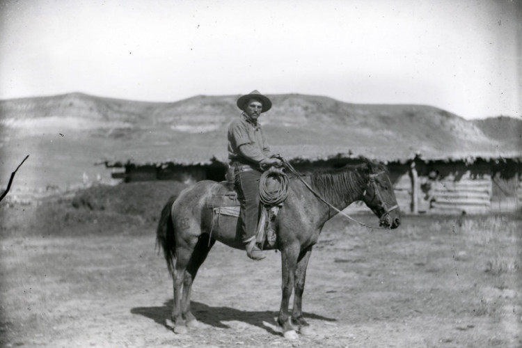 A cowboy in a wide-brimmed hat sits on a brown horse in a dusty landscape with mountains and a rustic building in the background.