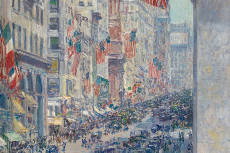 An Impressionist painting looking down a bustling New York City avenue crowded with pedestrians and vintage cars, framed by tall buildings adorned with numerous hanging American and Allied flags.