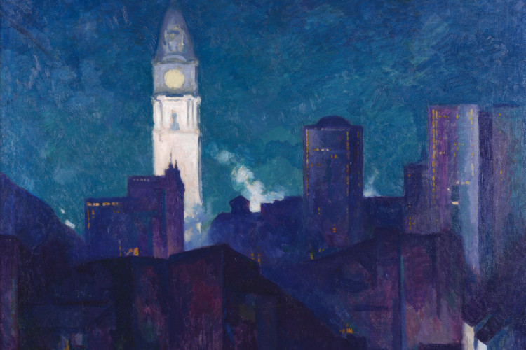An oil painting by Hugh Henry Breckenridge depicts the Philadelphia city skyline at night under a textured, deep blue sky, featuring the brightly illuminated white clock tower of City Hall standing out against darker, abstracted city buildings.