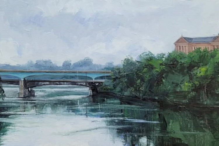 This impressionist painting depicts a scenic view of the Schuylkill River in Philadelphia, featuring bridge with the Philadelphia Museum of Art visible on the right bank.