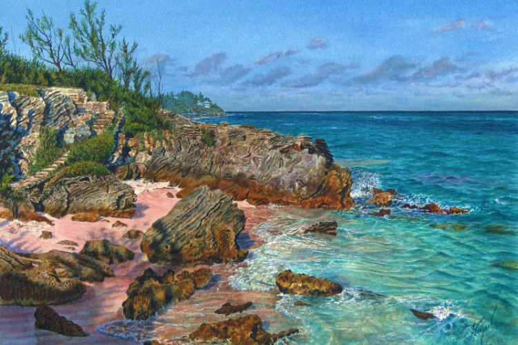 A watercolor depicting a rocky coastal landscape with turquoise water, weathered stone formations, and a soft blue sky. 