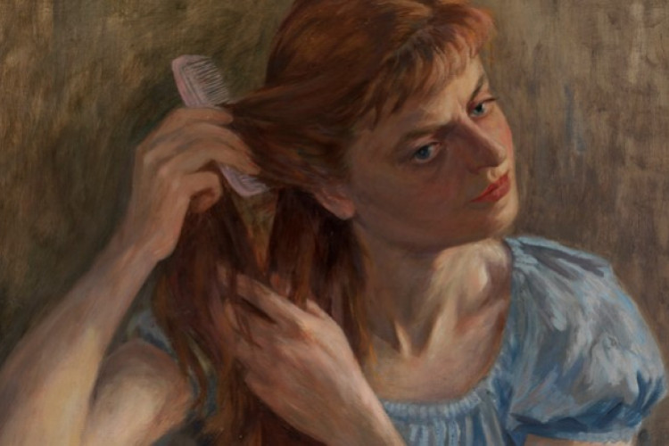 The painting depicts an intimate, domestic scene of a young red-haired woman tending to her hair with a comb.