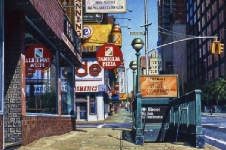 a photorealistic watercolor painting of a New York City street scene featuring a subway entrance and storefronts. 