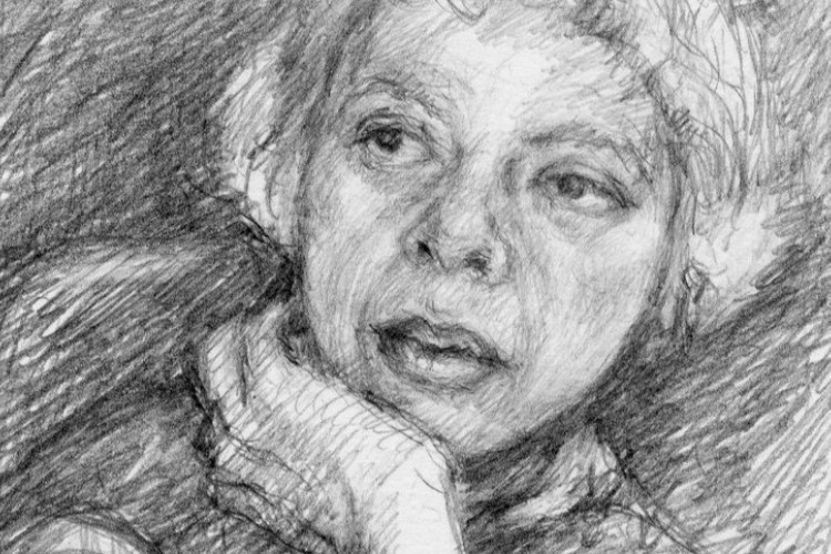 an expressive graphite and charcoal portrait study depicting an individual resting their chin on their hand with an introspective gaze. 