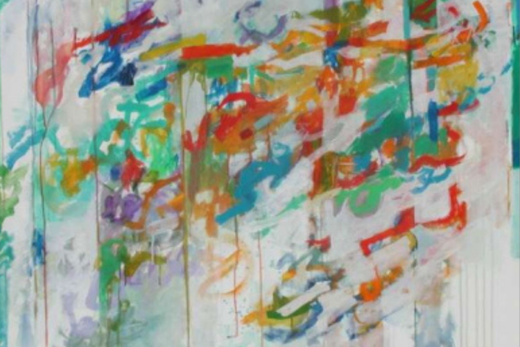an abstract expressionist painting characterized by energetic, gestural brushstrokes and vibrant splashes of color against a pale background. 