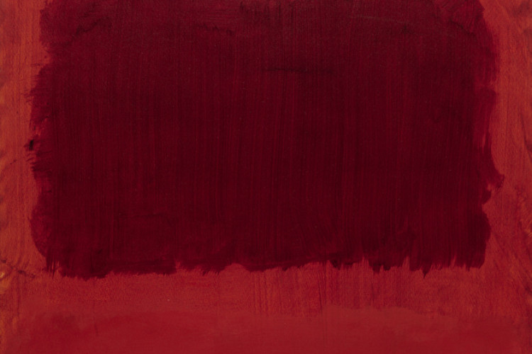 An abstract color field painting featuring a soft-edged, dark maroon rectangle hovering over a larger, vibrant crimson red field, centered against a solid black background.
