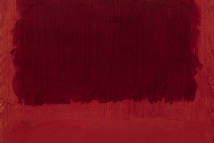 An abstract color field painting featuring a soft-edged, dark maroon rectangle hovering over a larger, vibrant crimson red field, centered against a solid black background.