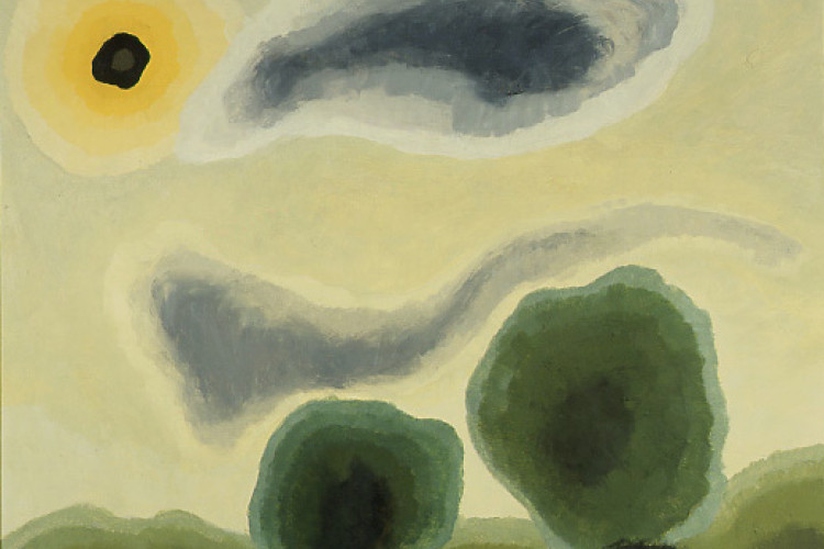 An abstract landscape painting featuring soft green rounded tree forms beneath a warm, glowing yellow sky with flowing grey clouds and a dark circular sun.