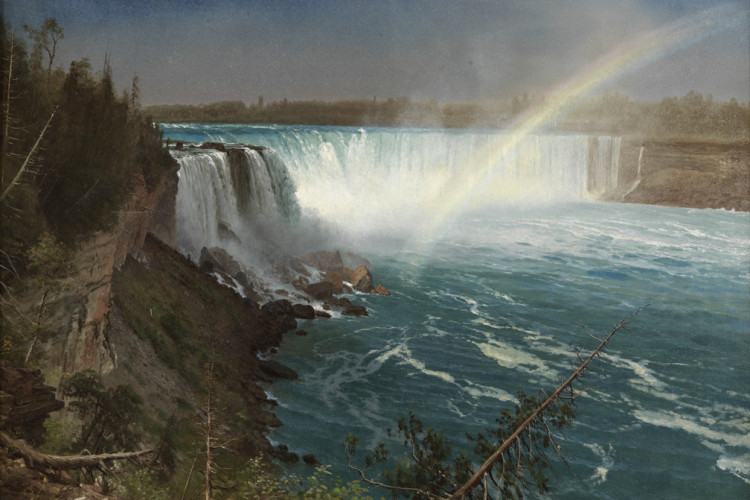 An oil painting captures a wide landscape view of Niagara Falls, featuring a powerful waterfall plunging into churning turquoise water beneath a luminous rainbow slicing diagonally through the mist.