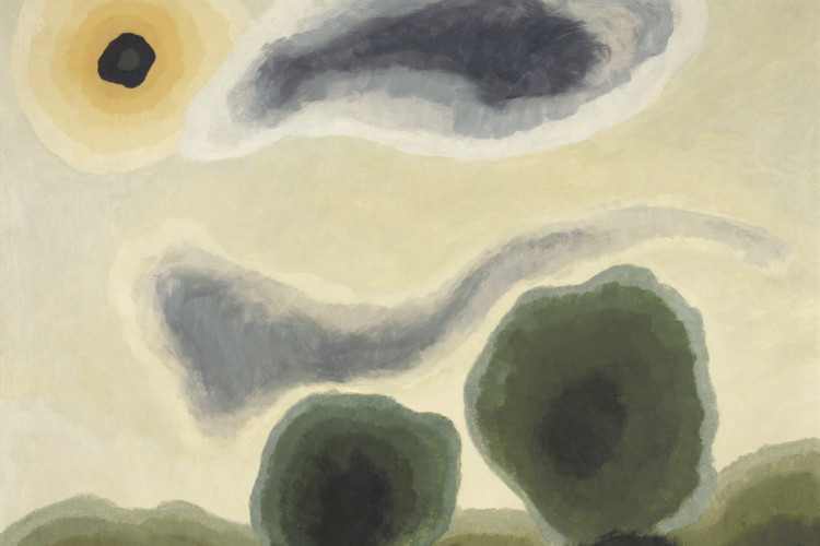 An abstract landscape painting featuring soft green rounded tree forms beneath a warm, glowing yellow sky with flowing grey clouds and a dark circular sun.